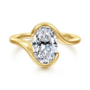 Gabriel & Co. ER17011O8Y4JJJ 14 karat yellow gold Contemporary engagement ring, front view of two smooth arms wrapping past each other around an oval center