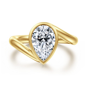 Gabriel & Co. ER17012P8Y4JJJ 14 karat yellow gold Classic engagement ring, front view of a pear shaped center in a smooth bezel with the band strands passing beside it