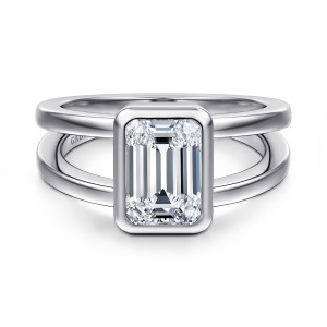 Gabriel & Co. ER17018E8W4JJJ 14 karat white gold Classic engagement ring, front view of an emerald cut center in a bezel with rounded corners