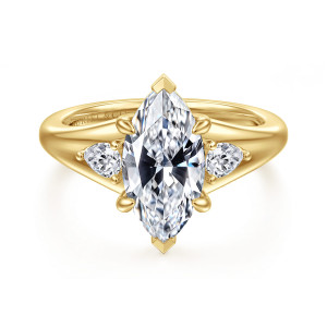 Gabriel & Co. ER17026M8Y44JJ 14 karat yellow gold Contemporary engagement ring, front view of a marquise center with pointed tip prongs and a pear shaped stone on each side