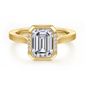 Gabriel & Co. ER17027E8Y44JJ 14 karat yellow gold Contemporary engagement ring, front view of an emerald cut center in a clipped corner bezel with diamond columns at the sides