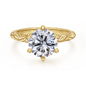 Gabriel & Co. ER17029R10Y4JJJ 14 karat yellow gold Victorian engagement ring, front view of a round center held by six rounded tip prongs above a carved band