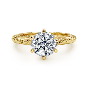 Gabriel & Co. ER17029R6Y4JJJ 14 karat yellow gold Victorian engagement ring, front view of a round center in six prongs above engraved fan motifs on the shoulders