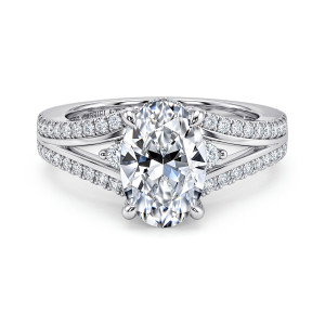 Gabriel & Co. ER17030O8W44JJ 14 karat white gold Contemporary engagement ring, front view of an oval center with a small round diamond on each side above the split