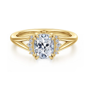 Gabriel & Co. ER17031G6Y44JJ 14 karat yellow gold Starlight engagement ring, front view of the elongated center in paired corner prongs with a diamond column on each side