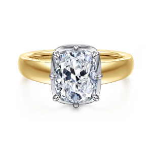 Gabriel & Co. ER17033G10M4JJJ 14 karat white and yellow gold Contemporary engagement ring, front view of a long cushion cut center held by prongs in a cushion shaped rim