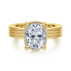 Gabriel & Co. ER17034G12Y44JJ 14 karat yellow gold Contemporary engagement ring, front view of an elongated center held by teardrop tipped prongs over a ribbed band