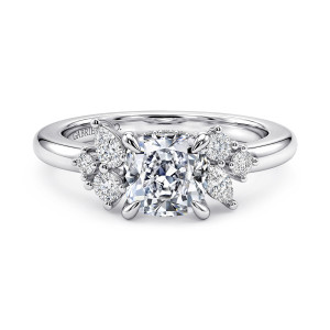 Gabriel & Co. ER17072C6W44JJ 14 karat white gold Starlight engagement ring, front view of a cushion center with staggered clusters of round and elongated stones on both sides