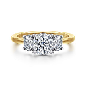 Gabriel & Co. ER17085R4M44JJ 14 karat white and yellow gold Contemporary engagement ring, front view of a round center between two oval stones above a smooth band