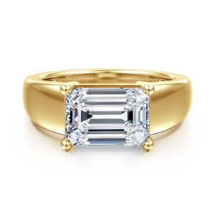 Gabriel & Co. ER17094E13Y4JJJ 14 karat yellow gold Contemporary engagement ring, front view of a sideways emerald cut center with ball tipped prongs at its corners