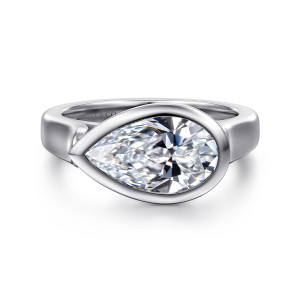 Gabriel & Co. ER17096P10W4JJJ 14 karat white gold Contemporary engagement ring, front view of a pear shaped center on its side inside a smooth bezel