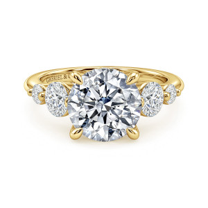 Gabriel & Co. ER17097R12Y44JJ 14 karat yellow gold Contemporary engagement ring, front view of a round center with a larger and a smaller round diamond on each shoulder