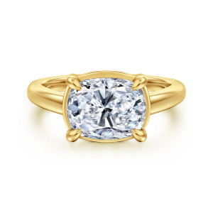 Gabriel & Co. ER17129G12Y44JJ 14 karat yellow gold Contemporary engagement ring, front view of a sideways elongated center held by teardrop tipped claws in a thin rim