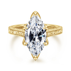 Gabriel & Co. ER17134M13Y4JJJ 14 karat yellow gold Victorian engagement ring, front view of a marquise center gripped by prongs at its points and along both sides