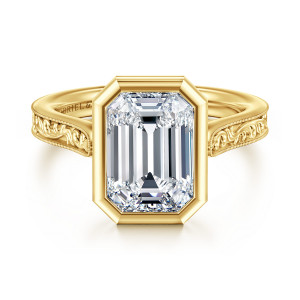 Gabriel & Co. ER17135E14Y4JJJ 14 karat yellow gold Victorian engagement ring, front view of a full bezel with clipped corners around an emerald cut center
