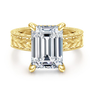 Gabriel & Co. ER17139E20Y44JJ 14 karat yellow gold Victorian engagement ring, front view of an emerald cut center in four large claw prongs above a wide engraved band