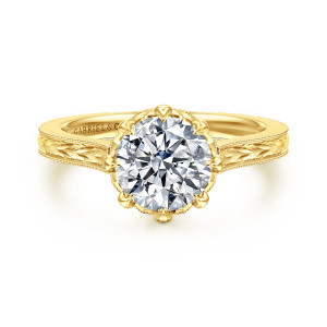 Gabriel & Co. ER17141R6Y44JJ 14 karat yellow gold Victorian engagement ring, front view of a round center ringed by bead tipped prongs and a beaded frame