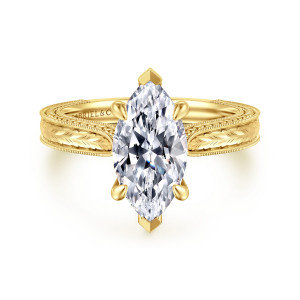 Gabriel & Co. ER17146M8Y4JJJ 14 karat yellow gold Victorian engagement ring, front view of a marquise center with pointed tip prongs and an engraved leaf band