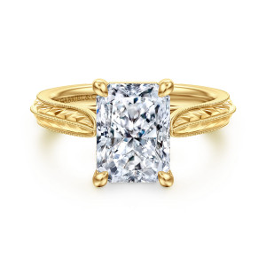 Gabriel & Co. ER17147N12Y4JJJ 14 karat yellow gold Victorian engagement ring, front view of a rectangular center with trimmed corners between engraved shoulders with beaded edges