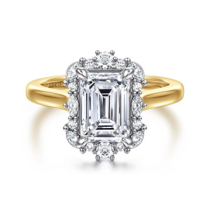 Gabriel & Co. ER17185E8M44JJ 14 karat white and yellow gold Starlight engagement ring, front view of the emerald cut center inside a scalloped halo with round clusters at top and bottom