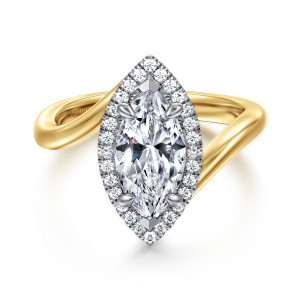 Gabriel & Co. ER17187M6M44JJ 14 karat white and yellow gold Contemporary engagement ring, front view of a marquise center inside a pointed halo of round diamonds