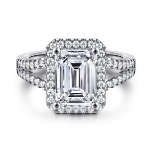 Gabriel & Co. ER17188E12W44JJ 14 karat white gold Contemporary engagement ring, front view of an emerald cut center in a rectangular halo with split stone lined strands