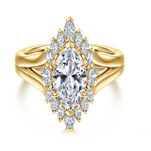 Gabriel & Co. ER17191M6Y43JJ 14 karat yellow gold Contemporary engagement ring, front view of a marquise center inside a pointed halo of outward pointing elongated stones