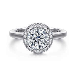Gabriel & Co. ER17192R6W44JJ 14 karat white gold Contemporary engagement ring, front view of a round center in four prongs inside a beaded diamond halo