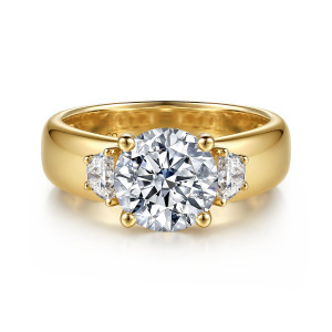 Gabriel & Co. ER17365R8Y43JJ 14 karat yellow gold Contemporary engagement ring, front view of a round center between half moon side stones on a wide polished band