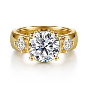Gabriel & Co. ER17368R12Y44JJ 14 karat yellow gold Contemporary engagement ring, front view of a round center in ball tipped prongs between two round side diamonds