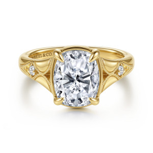 Gabriel & Co. ER17370G12Y44JJ 14 karat yellow gold Victorian engagement ring, front view of an elongated cushion center with claw prongs at its corners and flared shoulders