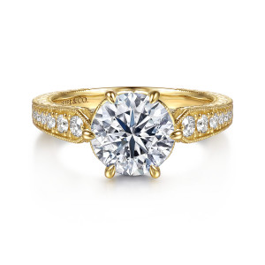 Gabriel & Co. ER17372R8Y44JJ 14 karat yellow gold Victorian engagement ring, front view of a round center in six prongs with diamonds along both shoulders