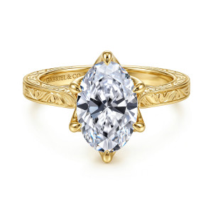Gabriel & Co. ER17376O10Y4JJJ 14 karat yellow gold Victorian engagement ring, front view of the oval center in six claws above a band engraved with swirling scrolls