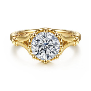 Gabriel & Co. ER17378R8Y4JJJ 14 karat yellow gold Victorian engagement ring, front view of a round center ringed by ball tipped prongs, with bead clusters on both shoulders