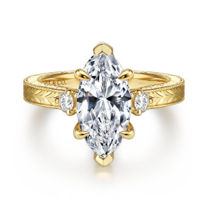 Gabriel & Co. ER17382M12Y44JJ 14 karat yellow gold Victorian engagement ring, front view of the marquise center in six pointed prongs with a round diamond at each side