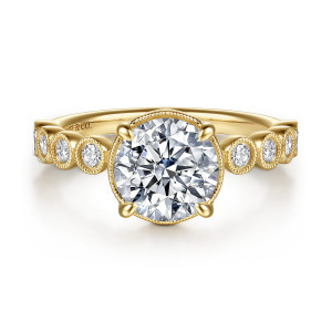 Gabriel & Co. ER17383R8Y44JJ 14 karat yellow gold Victorian engagement ring, front view of a round center in a beaded collar with bezel diamonds spaced along both shoulders