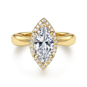Gabriel & Co. ER17388M6Y44JJ 14 karat yellow gold Contemporary engagement ring, front view of a marquise center with V shaped tip prongs inside a pointed diamond halo