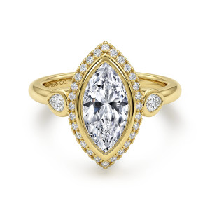 Gabriel & Co. ER17393M6Y44JJ 14 karat yellow gold Contemporary engagement ring, front view of a pointed diamond halo around a marquise center with pear shaped side stones