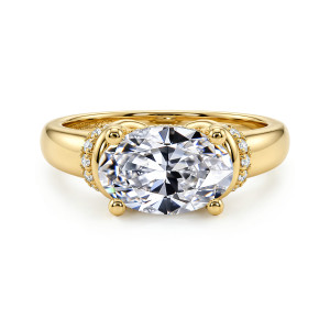 Gabriel & Co. ER17394O8Y44JJ 14 karat yellow gold Contemporary engagement ring, front view of the oval center lying sideways between four ball tipped claws