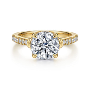 Gabriel & Co. ER17396R8Y44JJ 14 karat yellow gold Contemporary engagement ring, front view of a round center in four claw prongs with a diamond band