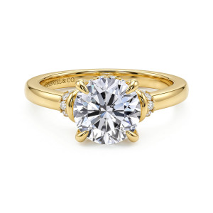 Gabriel & Co. ER17397R8Y44JJ 14 karat yellow gold Contemporary engagement ring, front view of a round center with a rolled loop and small stones on each side