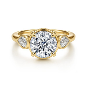 Gabriel & Co. ER17399R8Y44JJ 14 karat yellow gold Contemporary engagement ring, front view of a round center in a slim collar between two bezel set pear shaped stones
