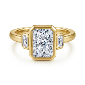 Gabriel & Co. ER17401N8Y43JJ 14 karat yellow gold Contemporary engagement ring, front view of a rectangular center in a clipped corner bezel between two smaller bezel stones