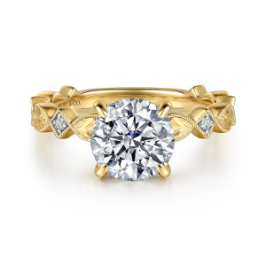 Gabriel & Co. ER17403R8Y44JJ 14 karat yellow gold Victorian engagement ring, front view of a round center flanked by engraved leaf links and small diamond links