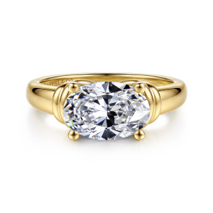 Gabriel & Co. ER17410O8Y44JJ 14 karat yellow gold Contemporary engagement ring, front view of the sideways oval center between plain ribbed collars and four ball tipped claws