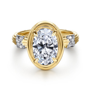 Gabriel & Co. ER17413O8Y44JJ 14 karat yellow gold Victorian engagement ring, front view of an oval center inside a smooth rim with a beaded inner edge