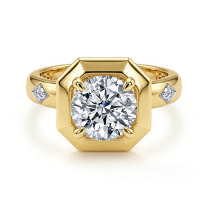 Gabriel & Co. ER17414R8Y44JJ 14 karat yellow gold Victorian engagement ring, front view of a round center inside a beveled octagon with a beaded edge around the seat