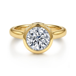 Gabriel & Co. ER17420R8Y44JJ 14 karat yellow gold Contemporary engagement ring, front view of a round center held in a smooth full bezel above a plain tapered shank
