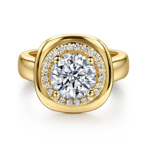 Gabriel & Co. ER17427R8Y44JJ 14 karat yellow gold Contemporary engagement ring, front view of a round center and a halo of small diamonds inside a rounded square plate