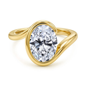 Gabriel & Co. ER17428O12Y4JJJ 14 karat yellow gold Contemporary engagement ring, front view of a bezel wrapping an oval center with one band end curling around its top